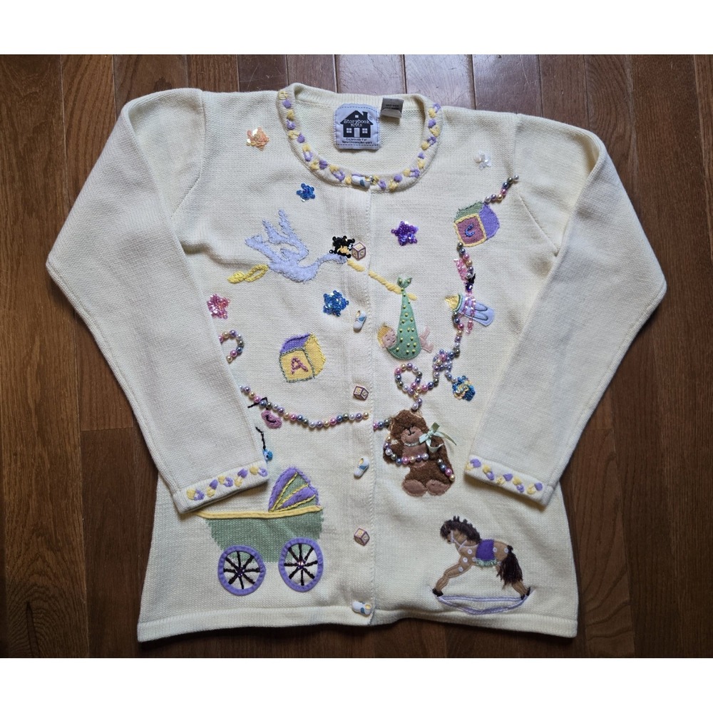 VTG Storybook Knits Rock-a-Bye Baby Embroidered Cardigan Womens XS Cream